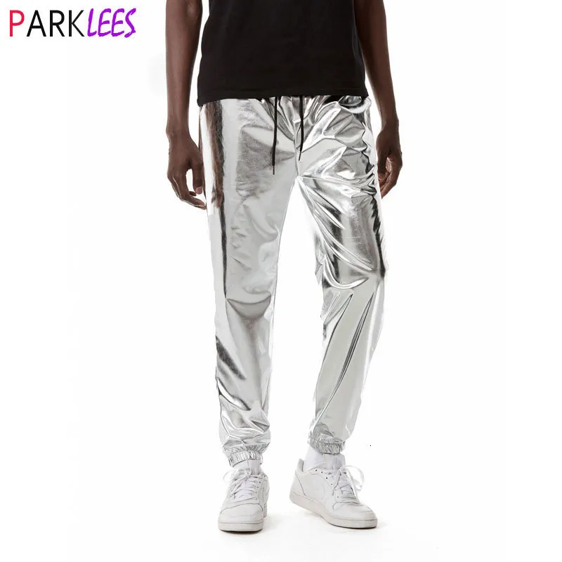 Men's Tracksuits Mens Shiny Silver Metallic Jogger Sweatpants Hip Hop Wet Look Trousers Men Club Party Festival Prom Streetwear Pantalones Hombre 230531