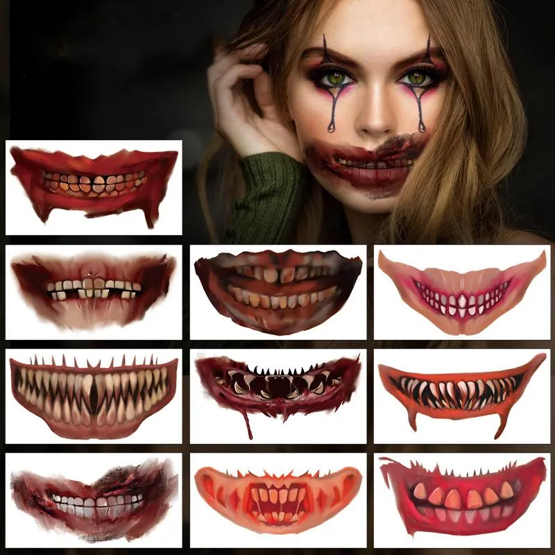 Tattoos 5PCS Halloween Tattoo Sticker Face Sticker Mouth Teeth Tattoo Sticker Waterproof Dark Wind Funny Makeup Temporary Tattoo