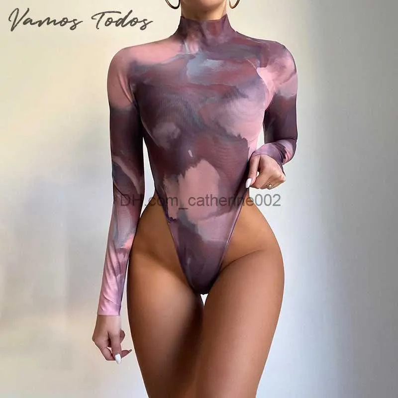 Tute da donna Rompers 2021 Autunno Multi-Color Stamping Body for Women Crent Tie Dye O-Neck Long Sleeve One Piece Body Body Suit Sexy Bottomingsuit T230531