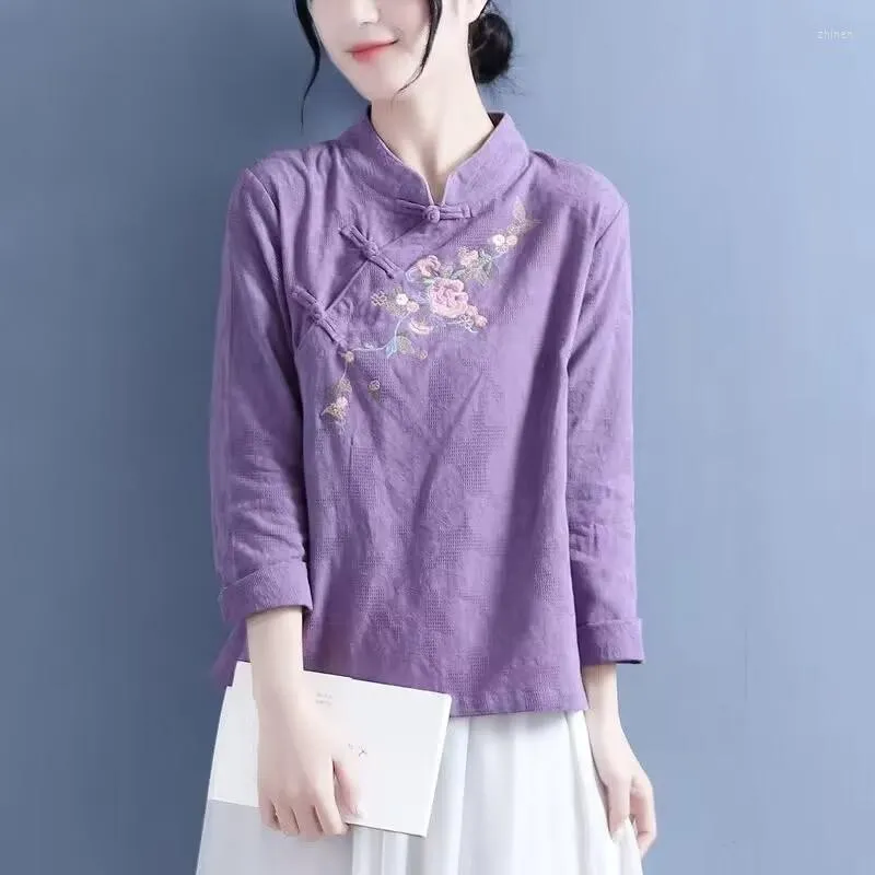 Blusas De Mujer 2023 Camisa De Manga Larga Bordada De Estilo Chino Para Mujer Ropa De Cuello Levantado De Lino De Algodon Camisas Casuales Vintage Hanfu Tops De 13 46 DHgate