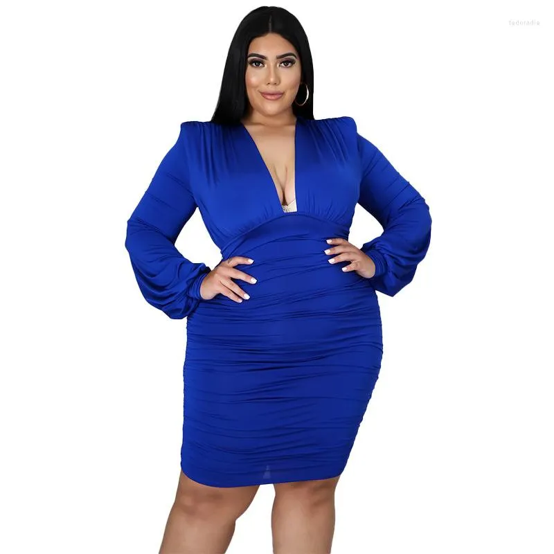 Robes de grande taille KEXU femmes robe solide à manches longues col en V profond extensible moulante crayon pansement Sexy maigre fête tenue de nuit