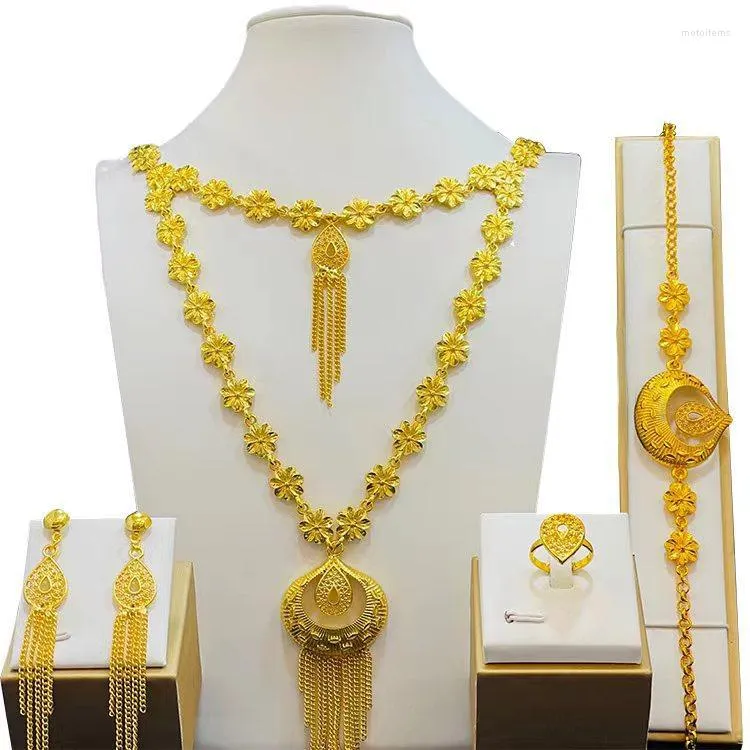 Orecchini collana set anello gioielli da sposa placcato oro 24k CHD20841