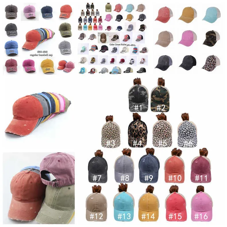 65 Ponytail Hat Styles tvättade nödställda röriga bullar Ponycaps Baseball Cap Leopard Suower Dad Trucker Mesh Hat Outdoor Sport justerbar