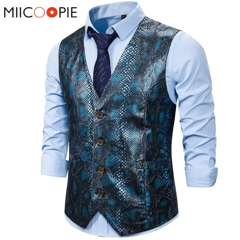 Vests Spring Autumn Mens Waistcoat Vest Glossy Snakeskin Printed Chaleco Traje Hombre Business Wedding Slim Fit Men Sleeveless Jacket