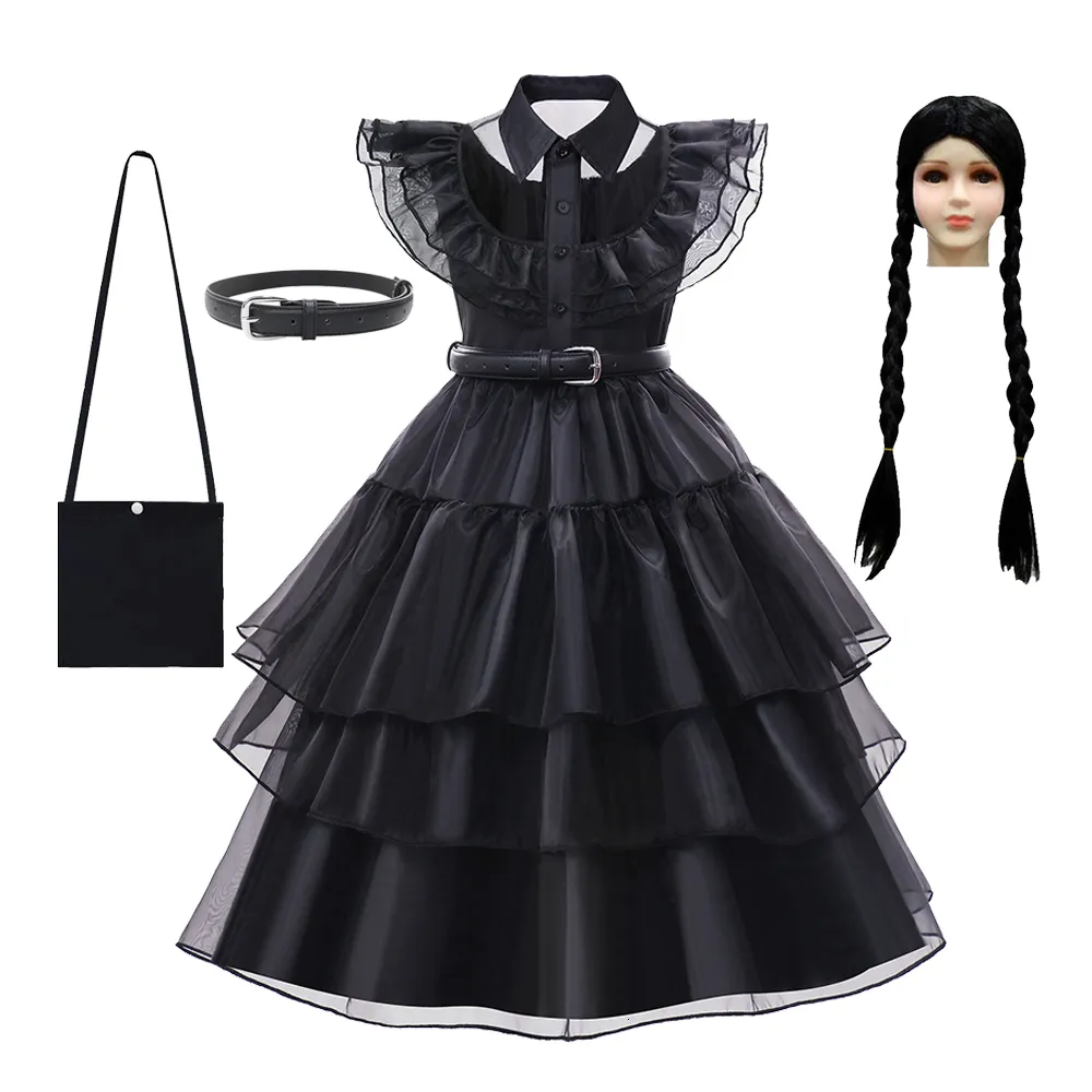 Vestidos de menina para meninas vestido de cosplay figurminas pretas quarta -feira addams vestidos crianças roupas de halloween festa 230531