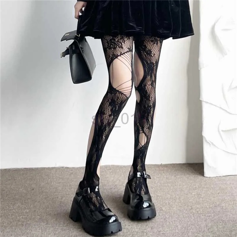 Women Gothic Fishnet Pantyhose Ripped Holes Rose Floral Patterned