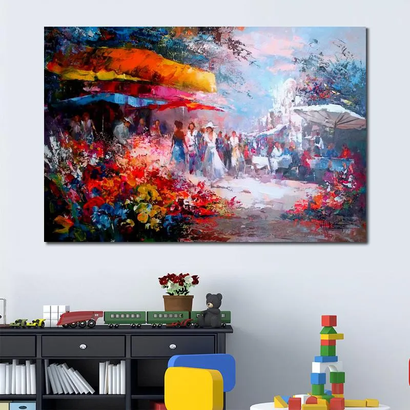 Large Handmade Impressionist Canvas Art Willem Haenraets Painting of Flower Market for Office Wall Art