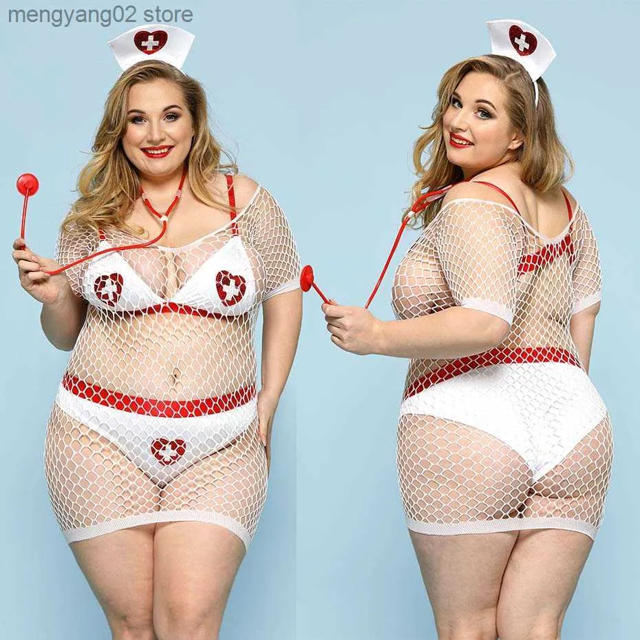 Сексуальный набор JSY Sexy Nurse Cosplay Lingerie Set Plus Size Women Fishnet Dress Press Risewear Эротическое нижнее белье Порно приходит для сексуальной ролевой игры T230531