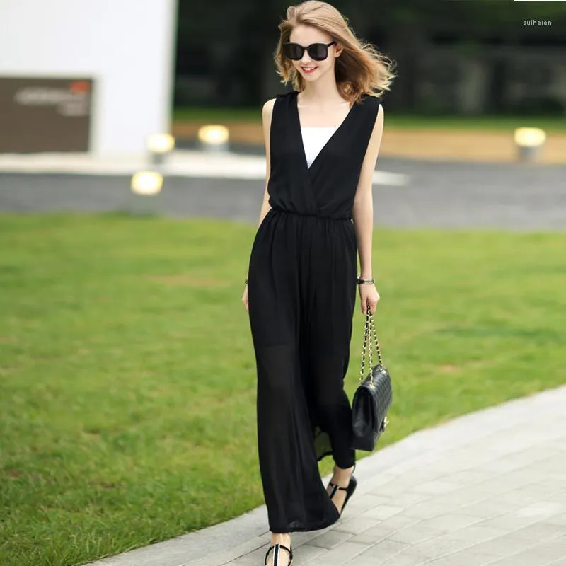 Kvinnors jumpsuits anpassade Made Women Summer Fashion Casual Plus Size 3XS-10XL Sexig Deep V Neck Elegant Loose Wide Leg Pants Chiffon