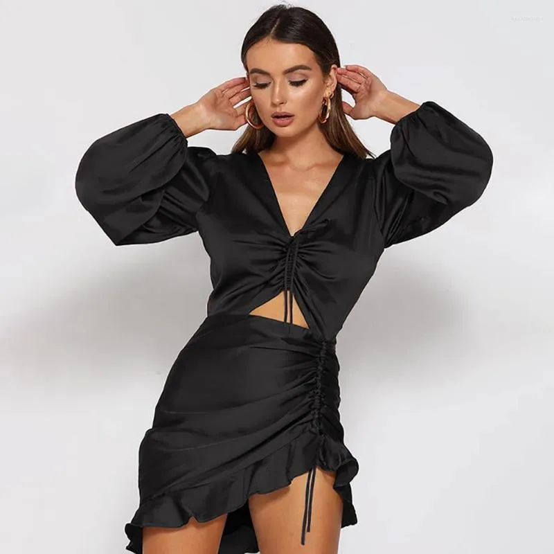 Casual jurken vrouwelijk vestido elegante slanke mini v-neck puff met lange mouwen heup wrap jurk taille shirring satijnen bodycon