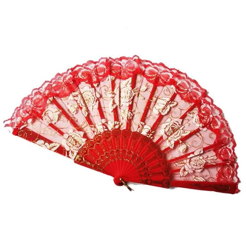 Party Favor Gift Fan Rose Flower Hand Fans Folding Spanish Lace Hold Chinese Dance 10 Colors Wholesale VT0389 Drop Delivery Home Gar DHLPG