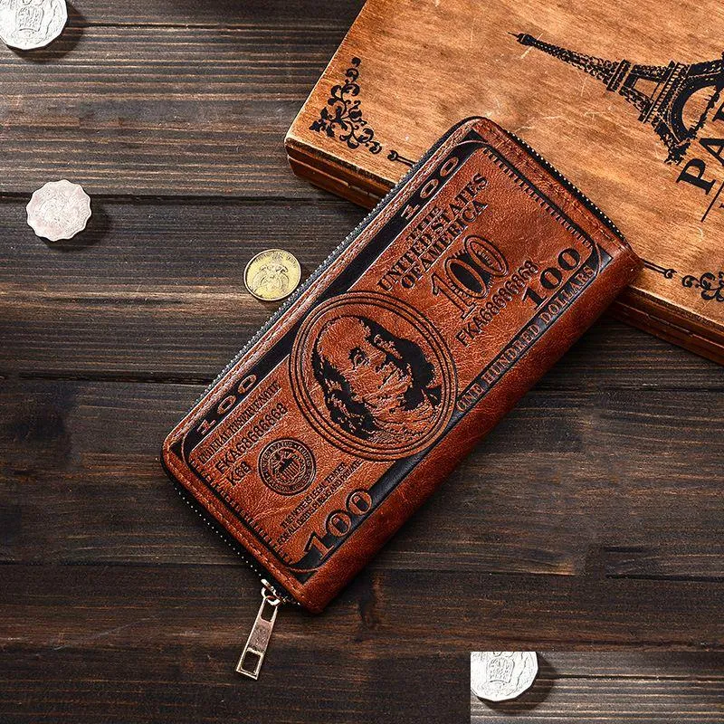 Aufbewahrungstaschen Kreative Männer Retro US-Dollar Lange Brieftasche Amerika Geld Druckmuster Reißverschluss Münze Schlüsselkartenhalter Geldbörse VT1594 Drop D DHC2L