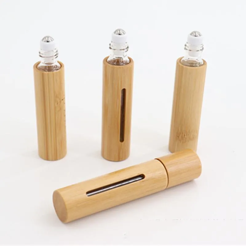 Bottle 10pcs 10ml Bamboo Roll on Glass Bottle Sample Test Essential Oil Vials with Roller Perfume Refillable Bottles Travel Essentials