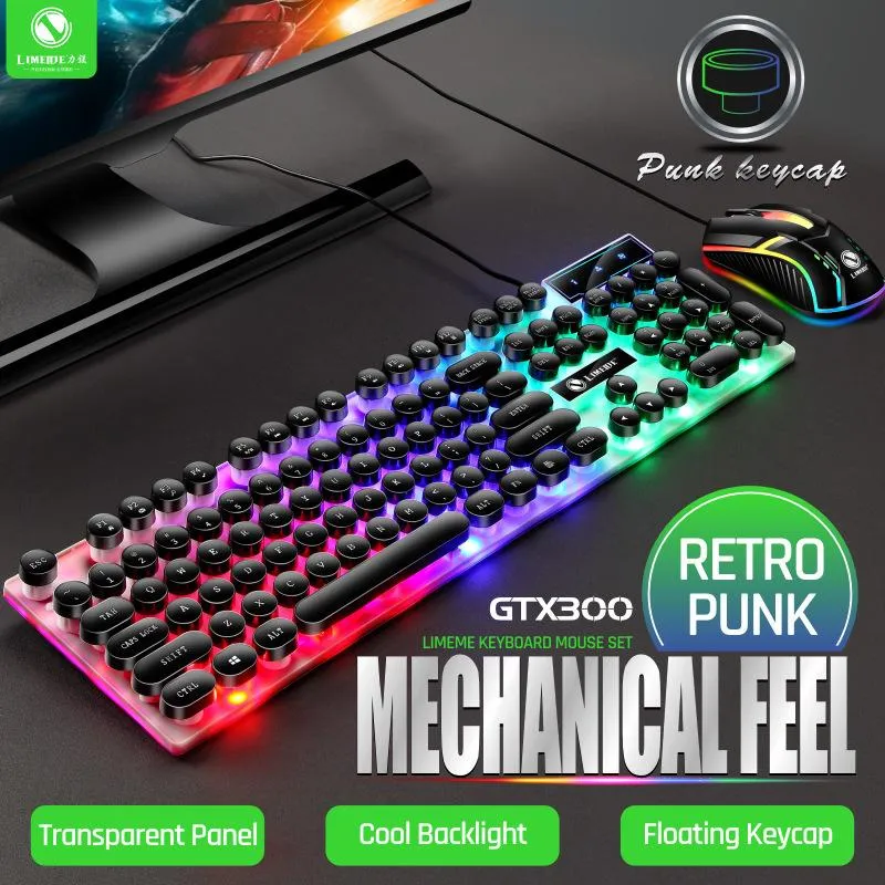 Combos LimeiキーボードとマウスセットパンクレトロキーボードLEDバックライトゲームErgonomics USB Wired Suspention KeyboardとMouse Set