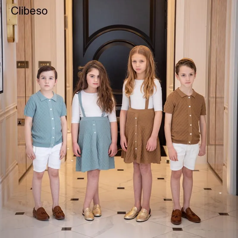 Family Matching Outfits Brother Sister Matching Clothes Summer Boys Girls Knitted Outfit Teenagers Thin Polo Shirt Cardigan Teens Skirts Baby Short 230530