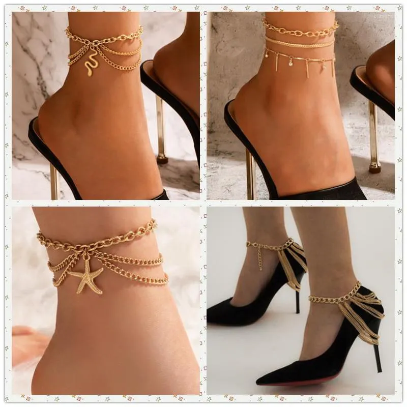 Bracelets de cheville femmes chaîne à talons hauts multicouche serpent étoile coquille amour Cool Design créatif alliage mode bijoux cadeau