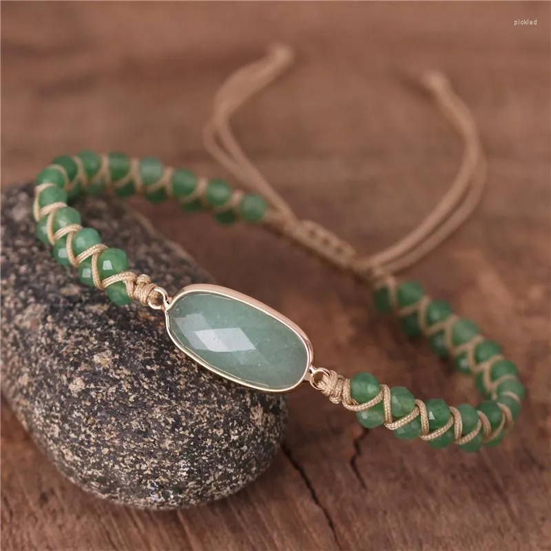 Charm Armband Boho Natural Stone Green Aventurine Cord Pärlor flätad makrame Frihetsarmband Femme Women smycken Dropship