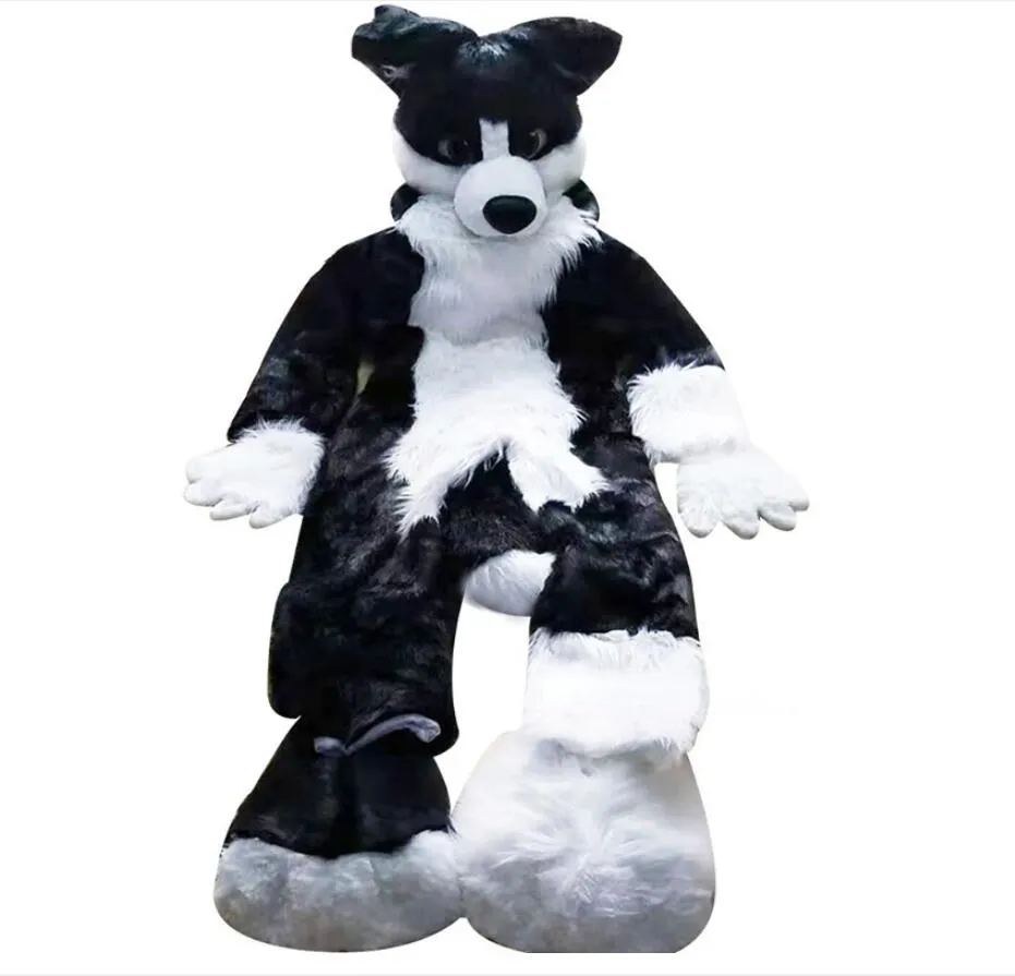 Black and White Husky Fox Medium Long Fur Mascot Costume Walking Halloween Suit PartyCostumesCarnival Adult Size