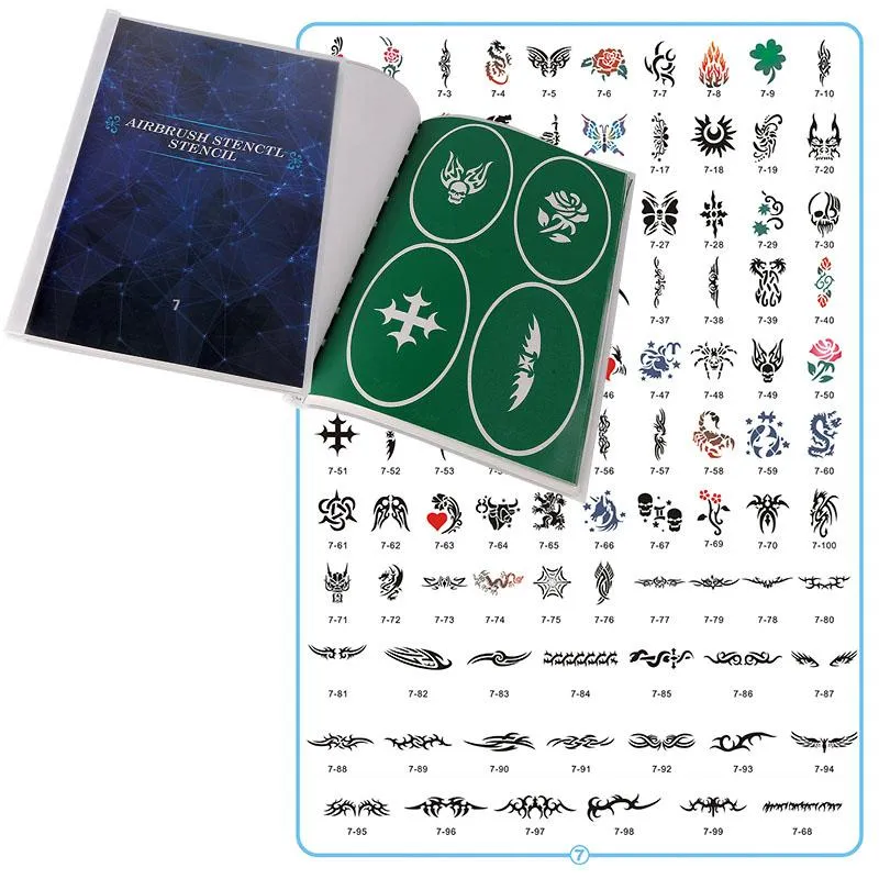 Stencils Airbrush Tattoo Stencil Book #7 Reusable Adhesive Hot Model Direct Sales Contains 100 Unique Stencil Designs for Kids Boys Girls