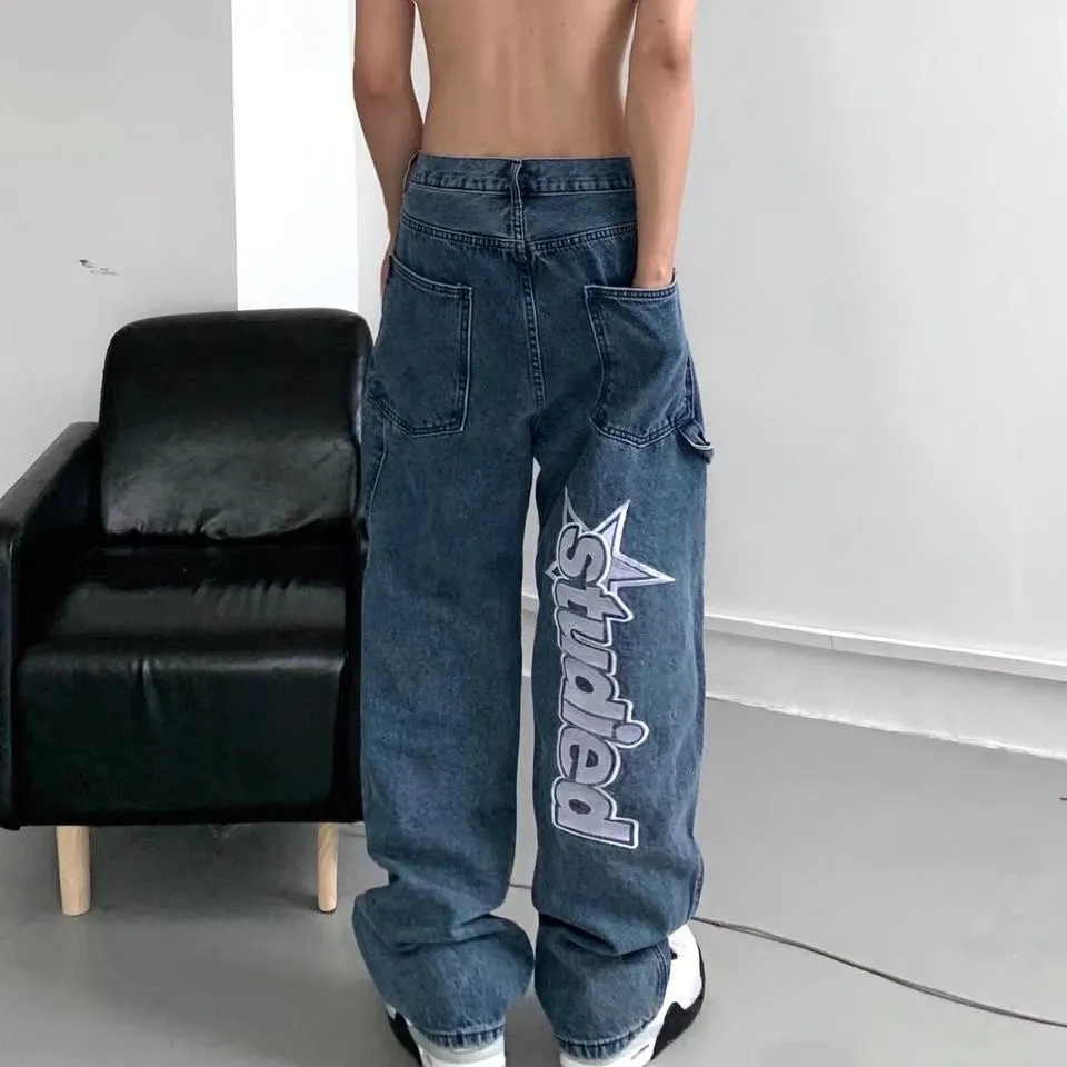 Herren Jeans American High Street Alphabet Splicing Sticker Herren Y2k Loose Straight Wide Leg Pants Taille Lässiges Wischen