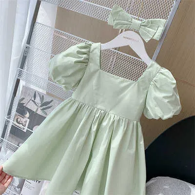 Kız Elbiseleri 2pc Yay+Elbise Kız Kızlar Yaz Dressbubble Kol Prenses Elbiseler Çocuklar İçin Fransız Kare Boyun Pamuklu Sevimli Yay Elbise AA230531