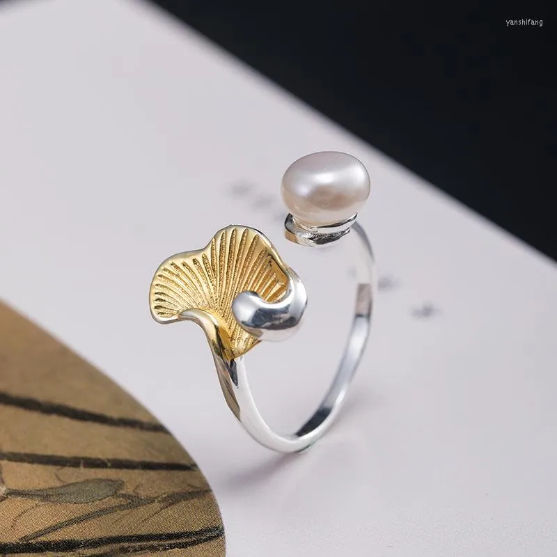 Cluster ringen artistieke stijl Pearl Gingko Leaf Opening Ring For Women Real 925 Sterling Silver Elegante sieraden Verjaardagscadeaus