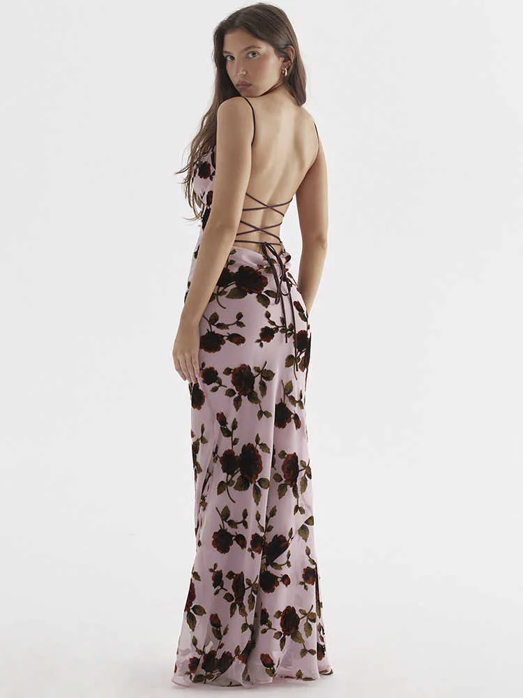 Макси -платье с цветочным принтом для женщин 2023 Новое без спинка Бангаж Бангаж Безульсис.