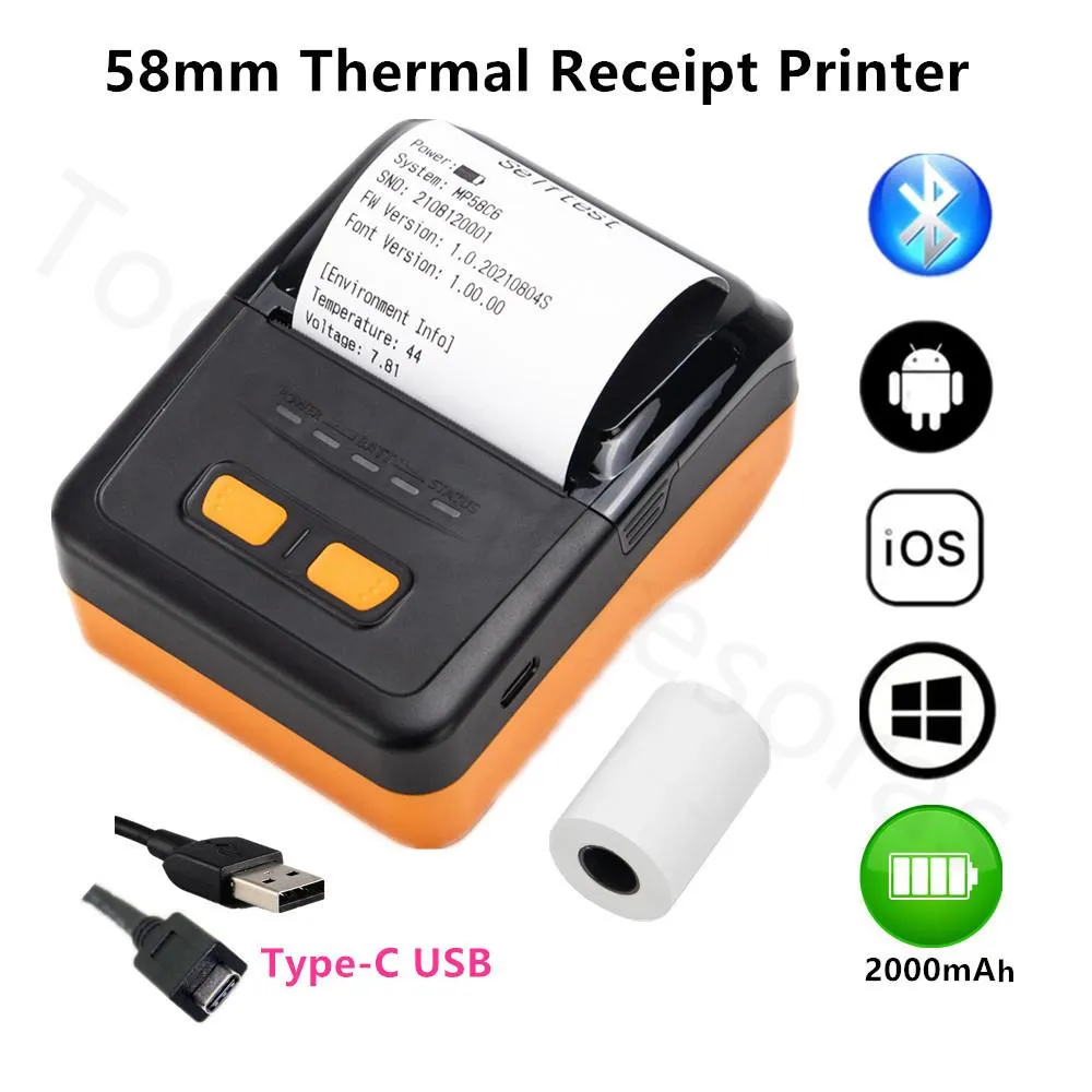 Printers 2inch Portable Receipt Printer 58mm Wireless Bluetooth Thermal Printer Bill Maker eStore Mini Invoice Printers Imprimante 2000mA