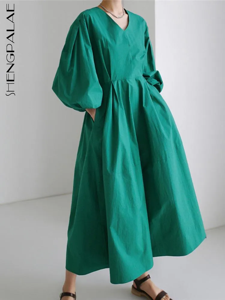 Klänningar Shengpaiae Löst midja Vneck Solid Color Puff Sleeve Robe Dress for Women 2023 Summer Female New Fashion Trendy Clothing 5Q453