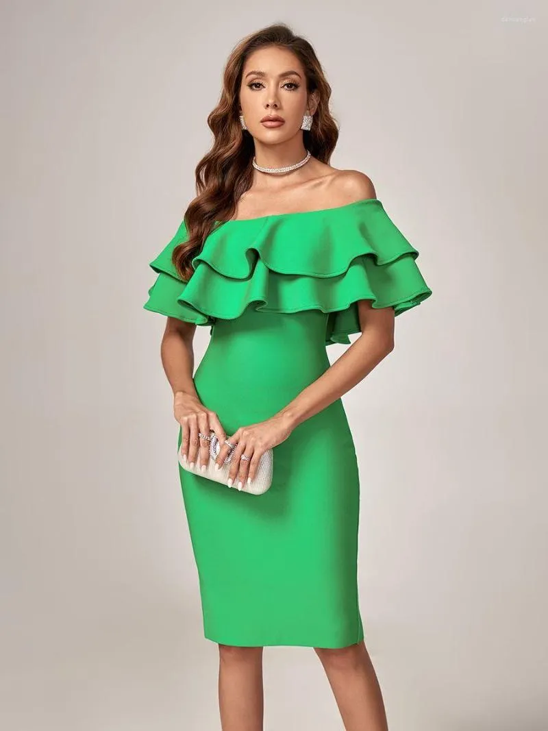 Casual Dresses Green Bandage Dress Midi Elegant Woman For Party Ruffle Sexy Off Shoulder Evening Birthday Club Outfit 2023 Summer