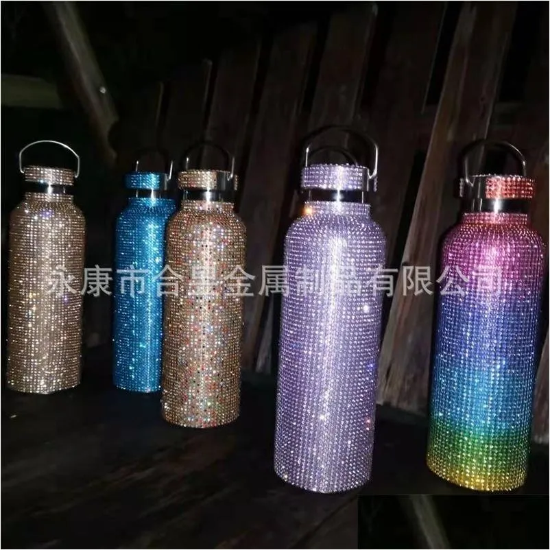 Garrafas de água Bling Diamond Thermos Portátil Glitter Garrafa Crossbody Aço Inoxidável Balão Térmico 350Ml 500Ml 750Ml 221018 Drop De Dhrpc