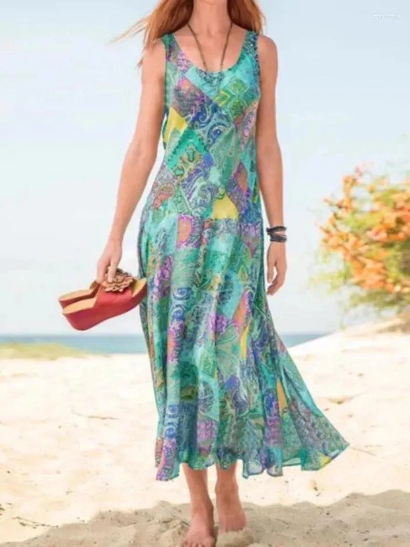 Lässige Kleider, ärmelloses, bedrucktes Urlaubskleid für Damen im Sommer