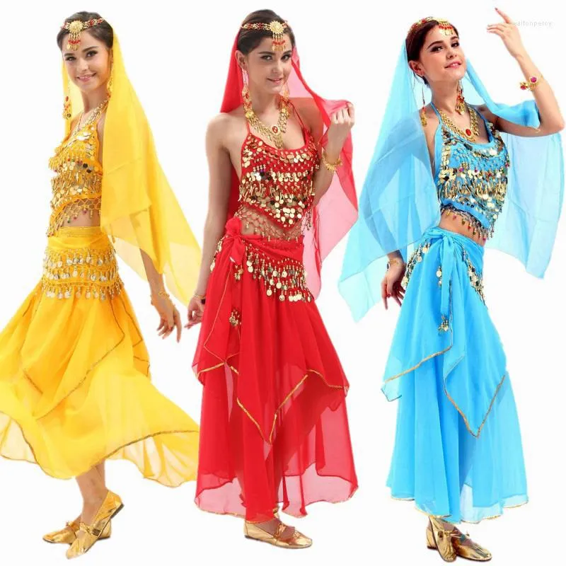 Stage Draag 4 stcs/set Bollywood Dance Costumes Belly Set voor vrouwen Chiffon Orientale kostuum