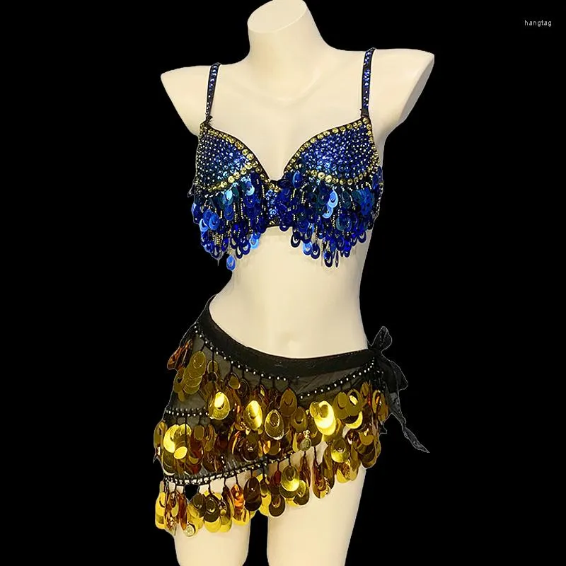 Stage Wear Wholesale Sequins Belly Dance Costumes Sexy Party Performance Clothes Bra&Hip Scarf Wrap&Panty Dancing Costume Set