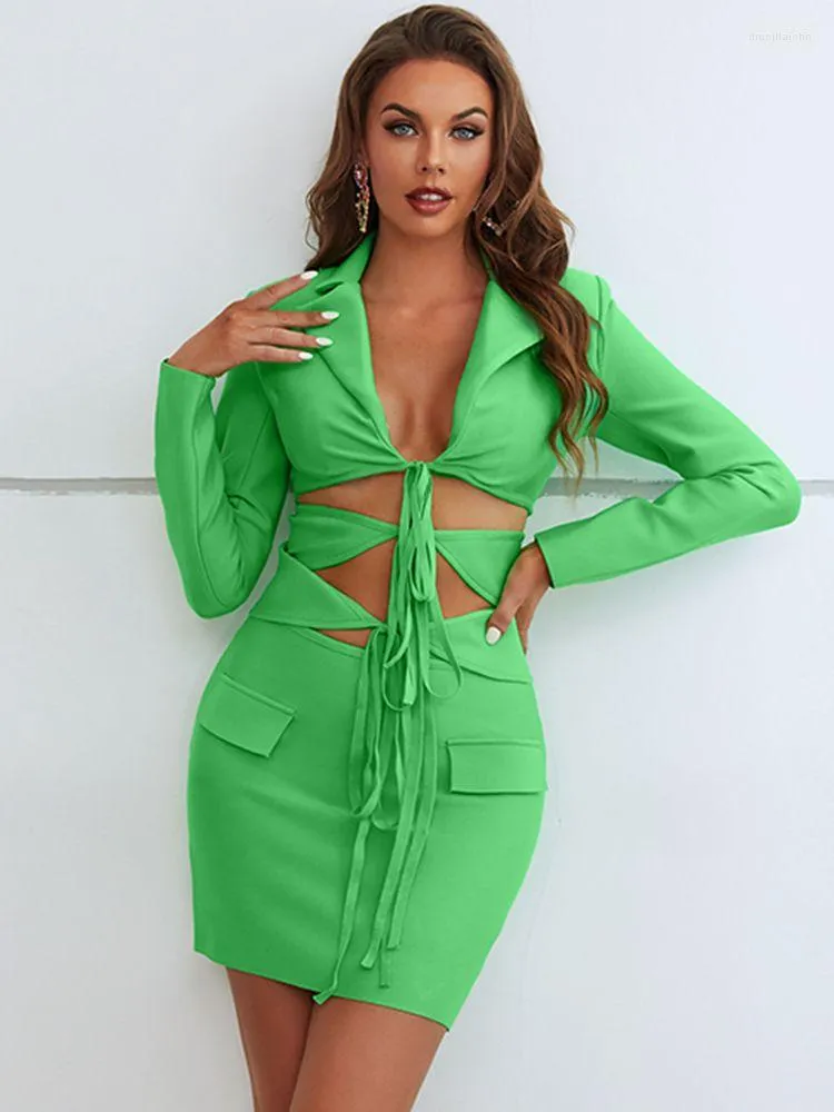 Two Piece Dress Fashion Sexy Lace Up Hollow Out Deep V- Neck Green Bodycon Bandage Set For Women Night Club Outfit Evening Party Skirt