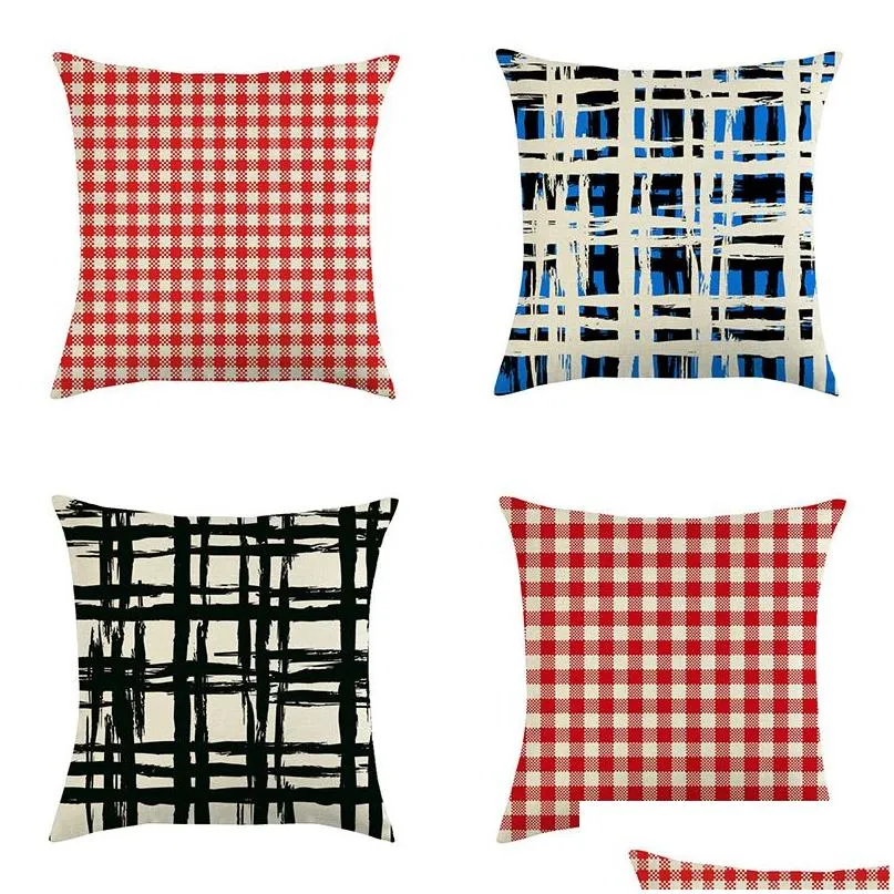 Federa per cuscino Classic Plaid Er 18X18 pollici Lino Rosso Blu Lattice Throw Cuscino Home Decorazione natalizia Dbc Drop Delivery Garden Text Dhrlw