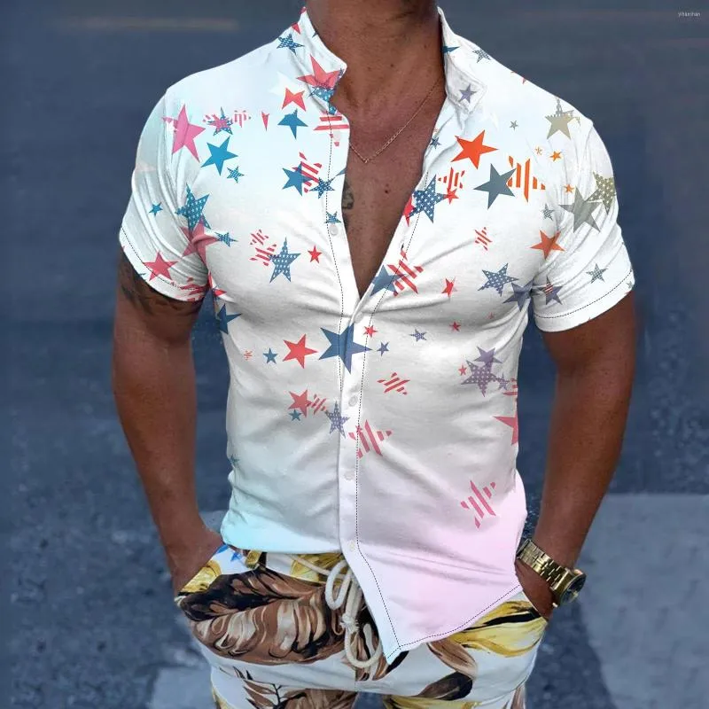 Men's Casual Shirts Men Short Sleeve Spring Summer Turndown Neck 3D Printed Fashion Top Blouse Rolled Collar Mens Bodysuit Shirt