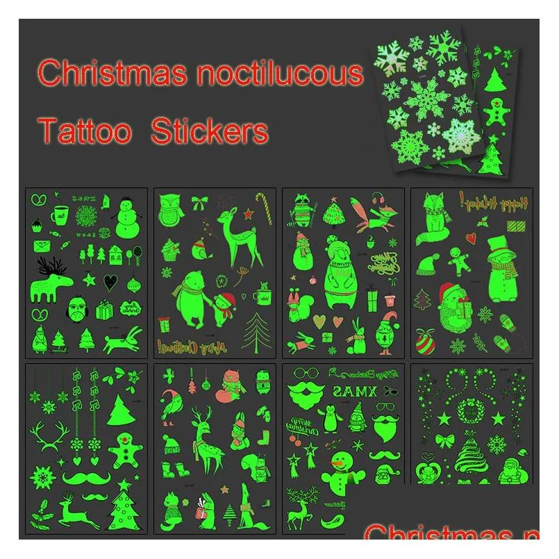 Inne dekoracyjne naklejki świąteczne Świąteczne TETATO TATTOUM Naklejka Elk Snowman Waterproof Luminous Blask in the Dark Party Decorati Dhqht