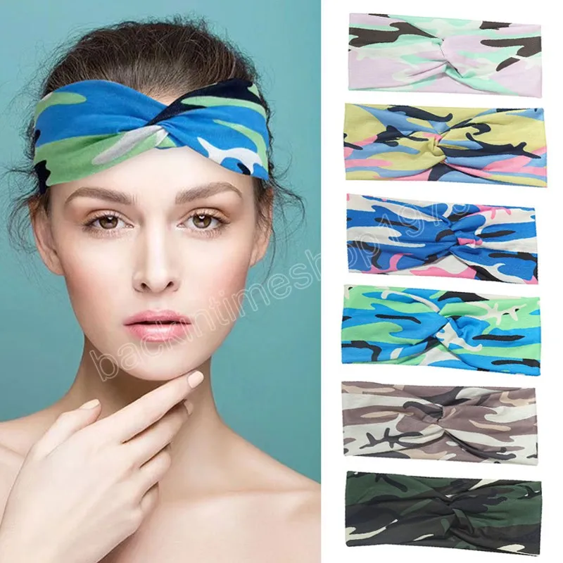 Camouflage Print Women Headband Knot Bow Style Stretch Bandana Make Up Headwear Yoga Sports Wide Hair Band Hair Accessories