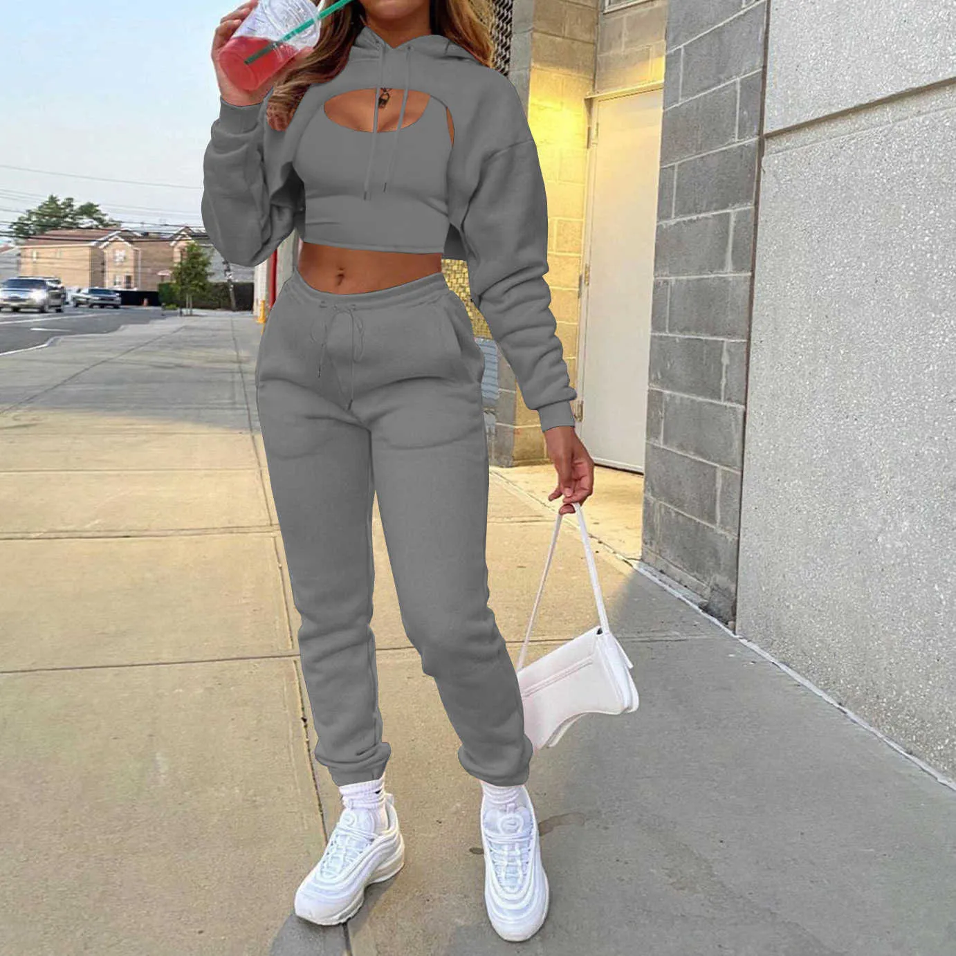 Autumn Winter Womens Tracksuit Set Out Long Sleeved Solid