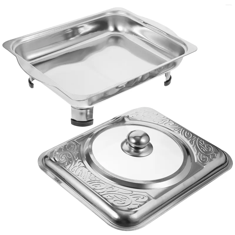 Dinnerware Sets 2 Pcs Stainless Steel Buffet Dish Tray Rectangular Canteen Basin With Cover