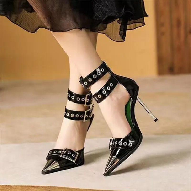 Metal Pointed Toe Women Pumps Punk Style High Heels Summer Gladiator Sandals Black Dress Shoes Ladies Sexy Ankle Straps Stiletto