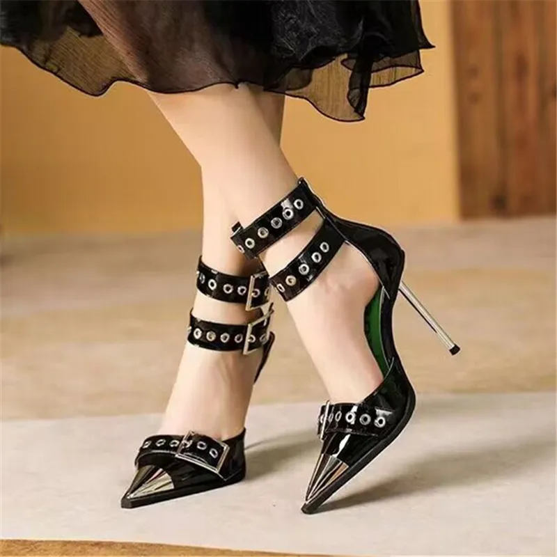 Metal Pointed Toe Gladiator Black Heeled Sandals With Ankle Straps