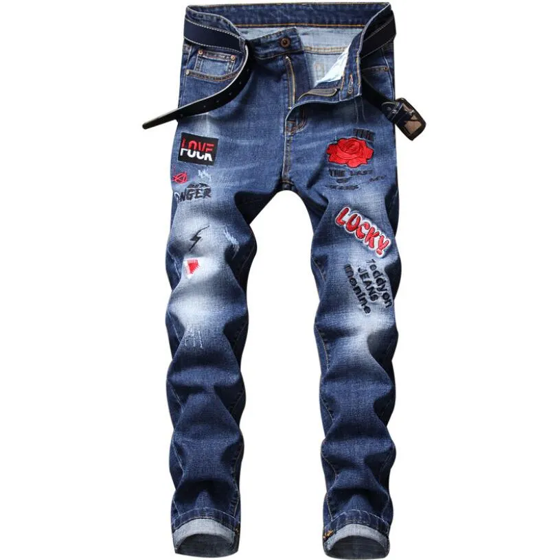 2023 Jeans strappati da uomo firmati Jeans hip-hop slim fit Stretch Rose ricamati Moda uomo Pantaloni in denim blu nero