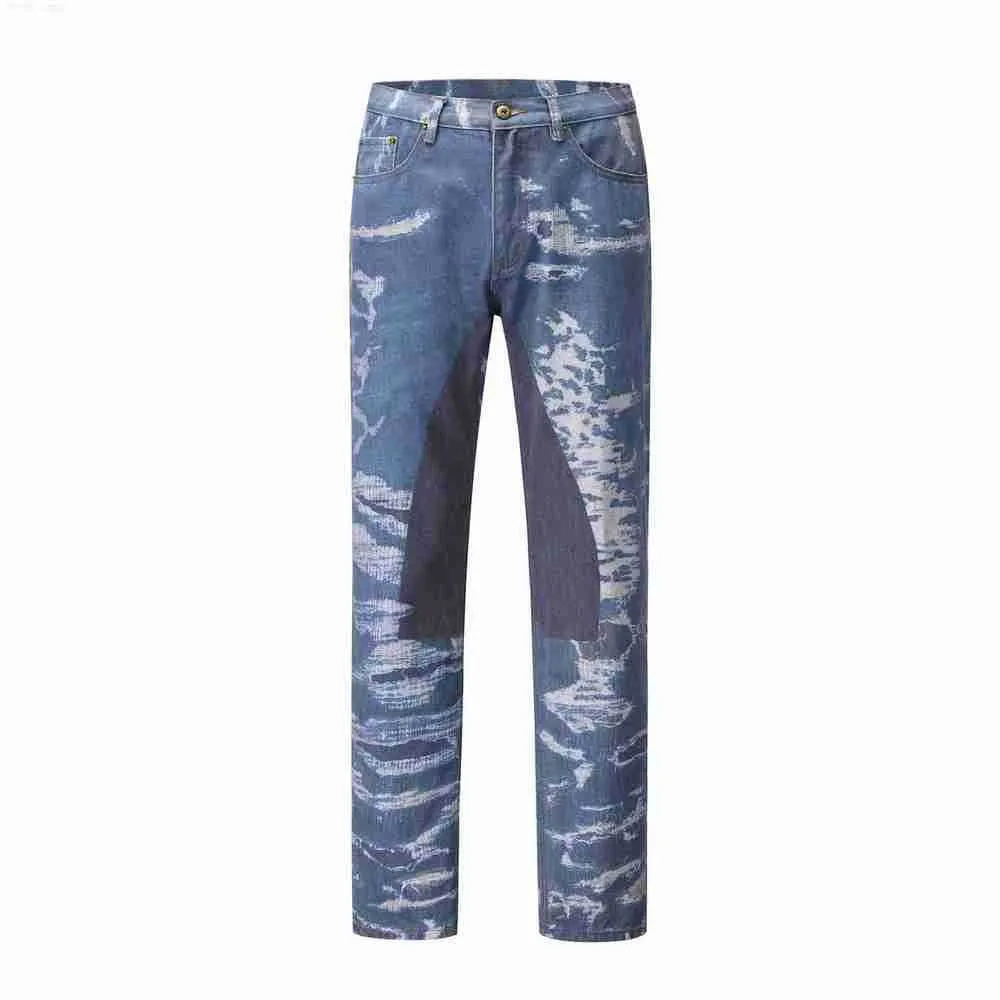 Man's New Designer Denim Men's Pants with Torn Holes Trendy Black Straight Leg Printed Jeans