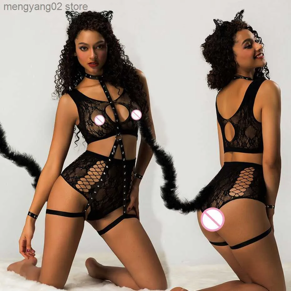 Sexy Set JSY Sexy Cosplay Dessous Set Katze Mädchen Uniform Mesh Body Erotische Bondage Catsuit Kommt Sex Rollenspiel Outfit Club Nachtwäsche T230531