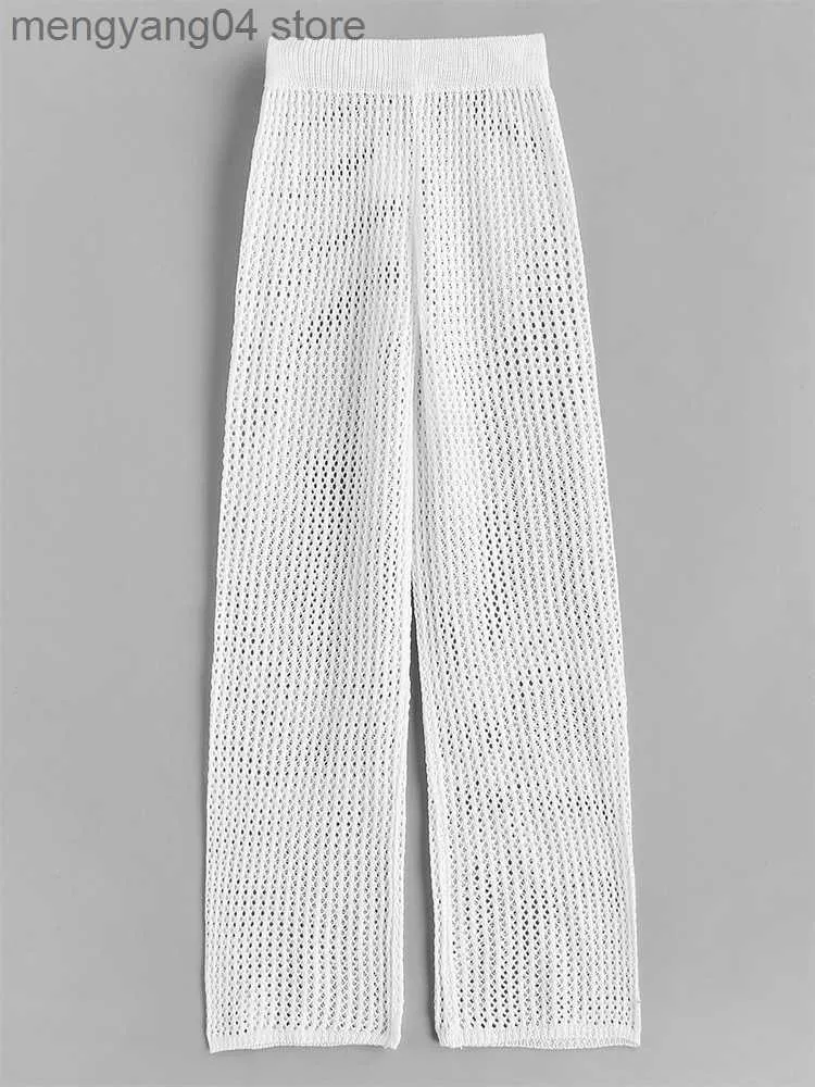 Pantaloni da donna Capris ZAFUL Abbigliamento da spiaggia da donna Bot tom Pantaloni lunghi da spiaggia Cover Up Solid Coulisse Crochet Straight