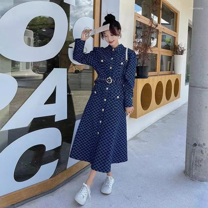 Casual Dresses Fashion Single-breasted Printed Midi Dress Autumn Korean Vintage Turn-down Collar Belt Denim Spliced Chic Streetwear G211