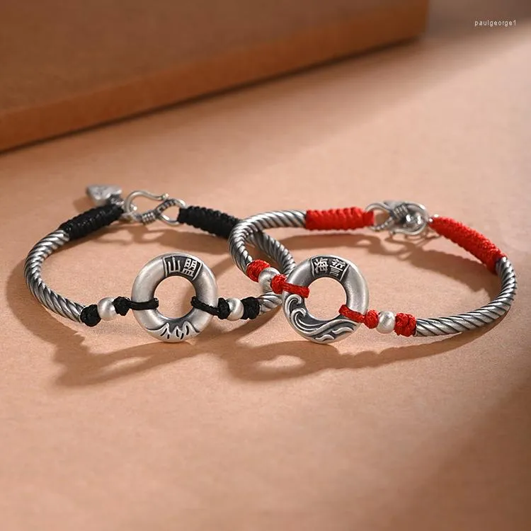 Strand FoYuan Silberfarbenes Vintage-Armband mit Bergtraum-Seelöwen-Friedensschnalle, handgewebtes Handseil für Herren und Damen
