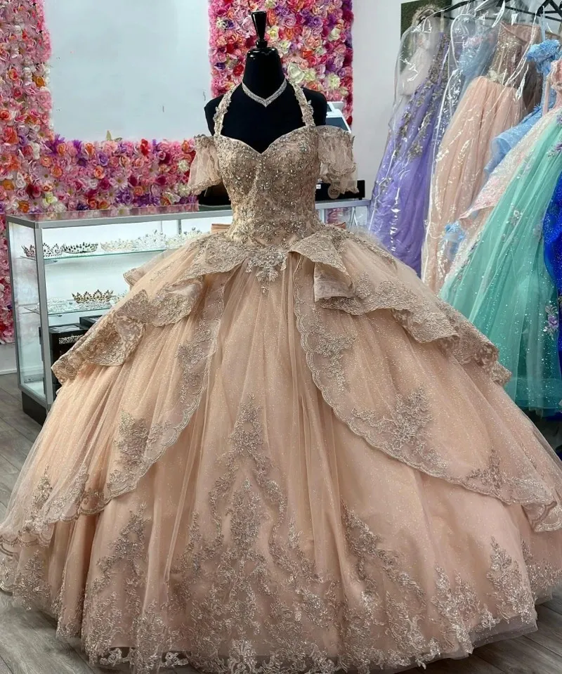 Charro Vestidos De XV Anos Halter Quinceanera Dresses 2023 Blush Pink Applique Beading Mexican Girls Sweet 15 Birthday Prom Gowns